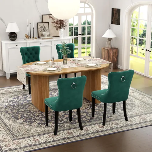 Vista 25 de Juego de mesa de comedor ovalada extensible con 4 sillas tapizadas de terciopelo de alta gama, mesa de cocina de 59 a 91 pulgadas y sillas