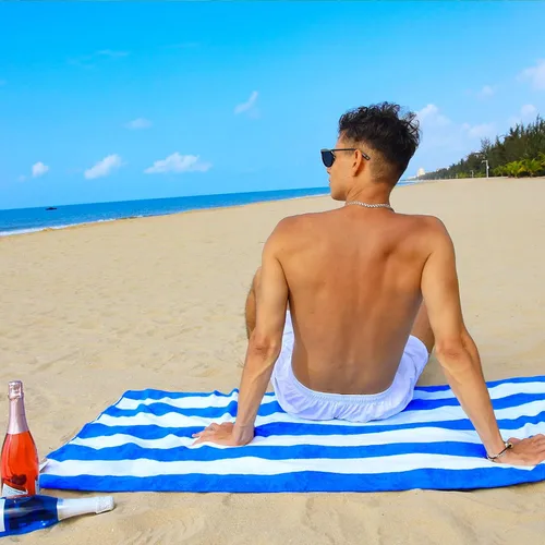 Vista 4 de Exclusivo Mezcla Toallas de playa de gran tamaño, paquete de 4 toallas de baño ligeras a rayas cabaña para niños y adultos, extra grandes y Azul