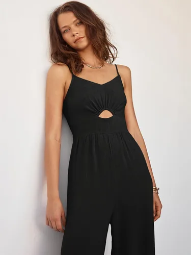 Vista 9 de ANRABESS - Mono de verano con recorte, tirantes delgados para mujer, cuello en V, cintura alta, fruncida, pierna ancha, con bolsillos