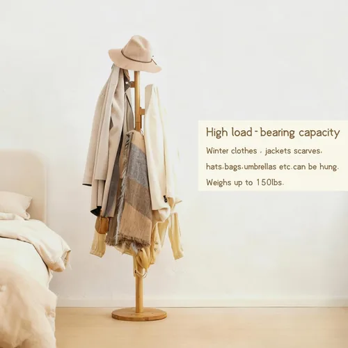 Vista 3 de Perchero de bambú Cactus para abrigos y ropa, estante de ropa independiente con 6 ganchos para adultos y niños, perchero resistente y moderno