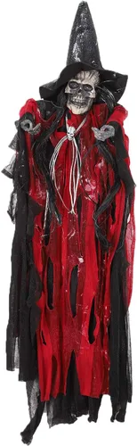 Vista 8 de JIAHG Decoraciones de Halloween, esqueleto colgante animado fantasma con ojos rojos brillantes activados por sonido de voz aterradora fiesta