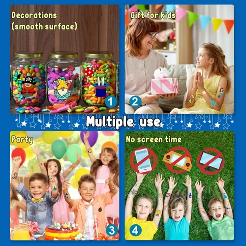 Vista 4 de Partywind Tatuajes temporales brillantes para recuerdos de fiesta infantiles, 380 estilos mixtos, incluye dinosaurio, sirena, tiburón, pirata