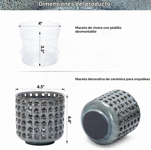Vista 4 de D'vine Dev Maceta de cerámica para orquídeas de 4.5 pulgadas con diseño de recorte de celosía, maceta esmaltada con maceta transparente y platillo