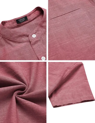 Vista 4 de COOFANDY Camisa de playa con cuello de banda para hombre, camisas de manga corta con botones casuales de lino y algodón