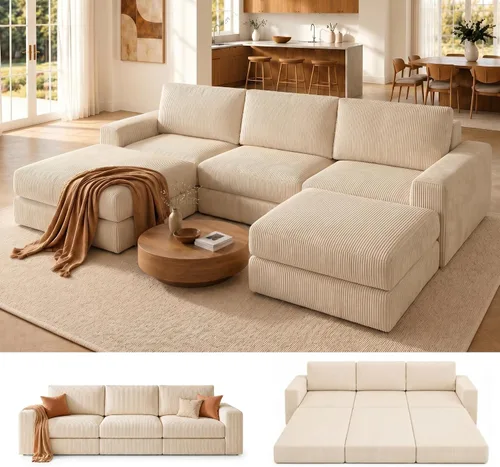 Vista 24 de Sofá seccional modular, 120.47" Sofá seccional moderno en forma de nube con chaise en L, cómodo sofá mullido de corduroy con asiento profundo, sofás