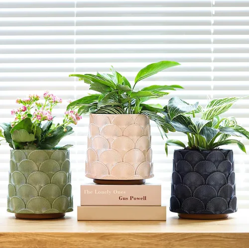 Vista 2 de GUGUGO Maceta de Escamas Beige Perla, Maceta de Plantas Única y Bonita con Drenaje, Macetas Pequeñas Eclécticas y Coloridas para Flores para Plantas