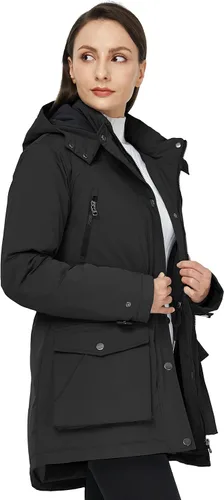 Vista 4 de WenVen Abrigos de invierno impermeables para mujer, chaquetas acolchadas gruesas y cálidas con capucha desmontable