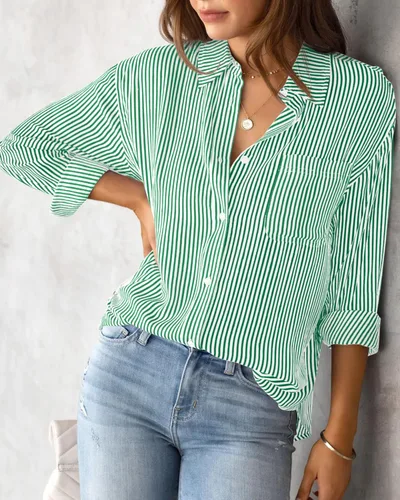 Vista 4 de AISEW Camisas con botones para mujer, a rayas, clásicas, de manga larga, con cuello y bolsillo