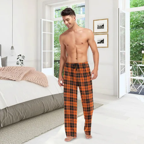 Vista 6 de Plaaee Pantalones de pijama para hombre, color naranja y negro, para Halloween, a cuadros, escoceses, para dormir, pantalones de pijama, pantalones