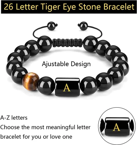 Vista 3 de Apzzic 0.394in A-Z letra inicial natural negro ónix ojo de tigre piedra pulsera alivio del estrés pulsera cuerda trenzada ajustable para hombres