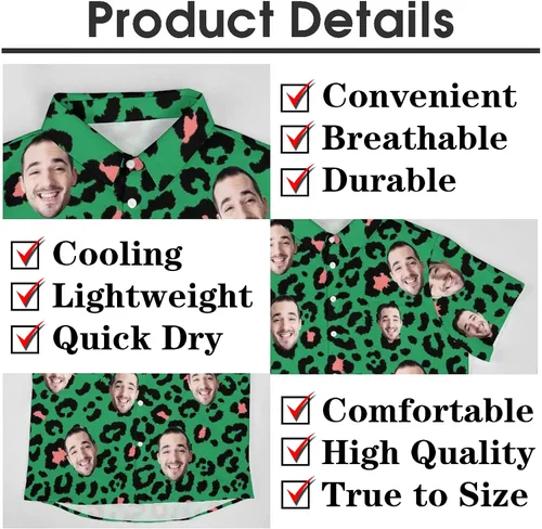 Vista 5 de Camisas hawaianas personalizadas con cara, divertidas camisas de manga corta personalizadas con botón, camisas florales tropicales personalizadas