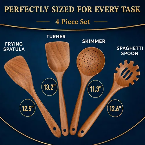 Vista 8 de Juego de utensilios de madera de teca extra grandes de 4 piezas, espátula de madera antiadherente para cocinar, cuchara espumadera y cuchara