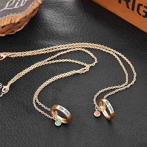 Vista 7 de MJartoria collares a juego para parejas, para él y ella, dijes de anillo grabados, con diamantes de imitación, regalo para novio y novia