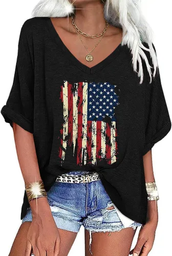 Vista 12 de UNCLECAT Camisetas de gran tamaño con cuello en V para mujer, camisas de manga corta de verano, holgadas, casuales