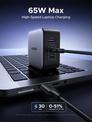 Vista 4 de UGREEN Adaptador de viaje USB C de 65 W, cargador rápido plegable con enchufes de EE. UU./Reino Unido/UE, adaptador de corriente internacional de 3