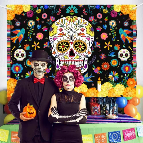Vista 2 de MEHOFOND Telón de fondo del Día de los Muertos de 7 x 5 pies, diseño de calavera de azúcar Dia De Los Muertos, fondo de fotografía, Fieasta