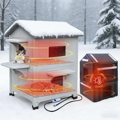 Vista 13 de Casa para gatos al aire libre, resistente a la intemperie, casas de plástico para gatos con puerta de escape, 2 pisos para interiores, impermeable