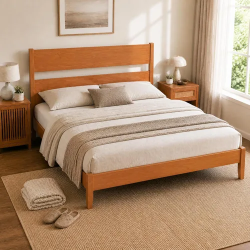 Vista 11 de KOMFOTT Twin Size Rubber Wood Bed Frame with Tall Headboard, Caramel Brown