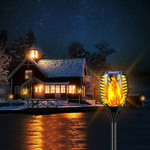 Vista 5 de TomCare Paquete de 6 antorchas de llamas parpadeantes para exteriores, luces decorativas de jardín, alimentadas por energía solar, iluminación