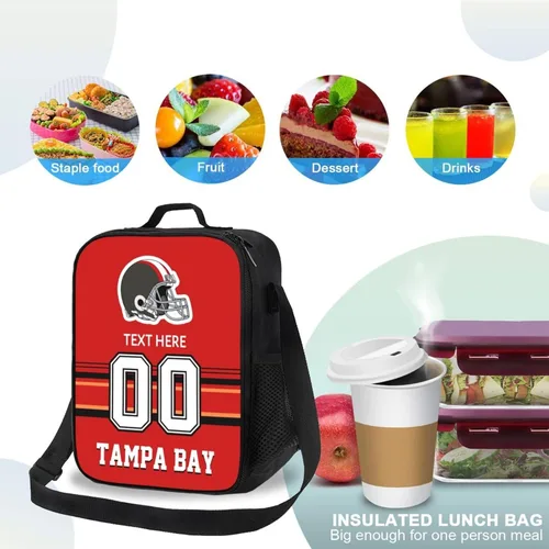 Vista 4 de Bolsa de almuerzo personalizada de Tampa Bay, regalos para hombres, mujeres, fanáticos, con nombre y número personalizados, correas de hombro