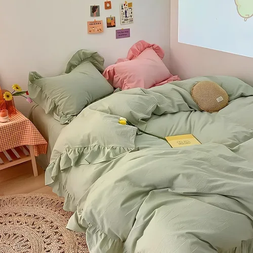 Vista 2 de INDACORIFY 3 Pcs Set Ruffled Cotton Duvet Cover Sage Green 100% Cotton Bedding Set Ruffle Queen Bedding Cover King Bedding Set Comforter Cover Donna
