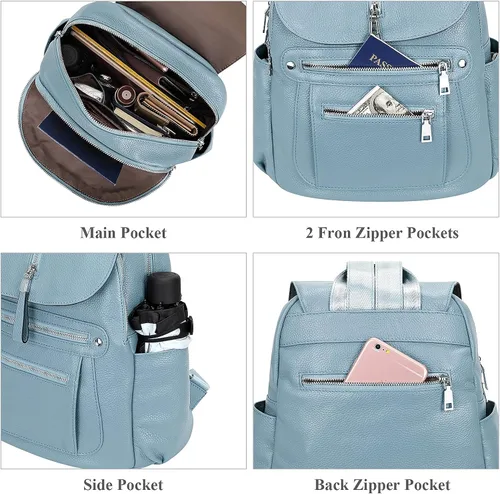 Vista 6 de ALTOSY Mochila de cuero para mujer, bolso casual de moda con múltiples bolsillos y solapa