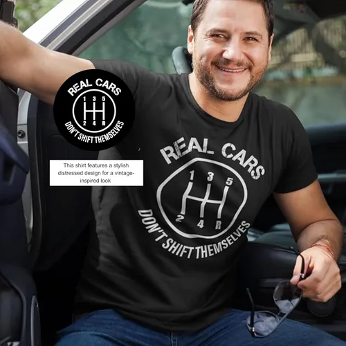 Vista 2 de Real Cars Don't Shift Themselves Camiseta Divertidas camisetas gráficas vintage para hombre, regalos mecánicos, camisas de coches de carreras