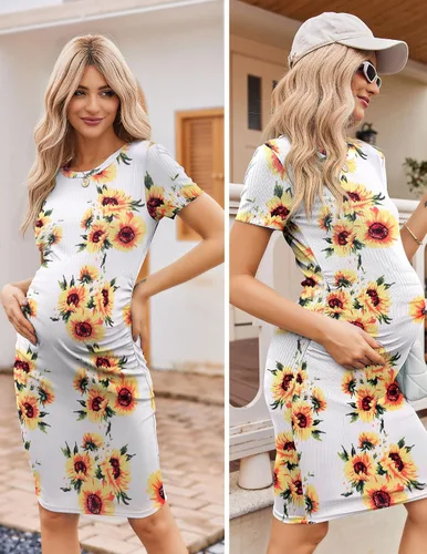 Vista 2 de Ekouaer Vestido de maternidad para mujer, fruncido, acanalado, entallado, vestido de verano casual, vestido de embarazo S-XXL