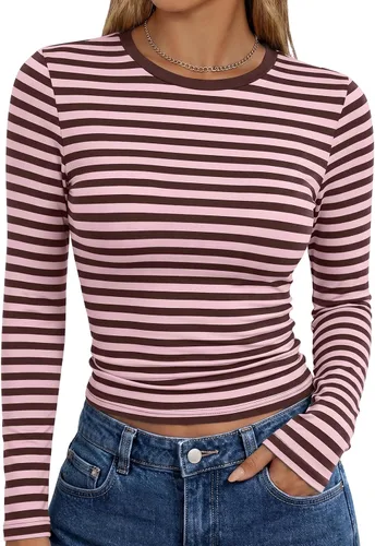 Vista 36 de Trendy Queen Camisetas de manga larga para mujer, camisetas básicas de Verde militar