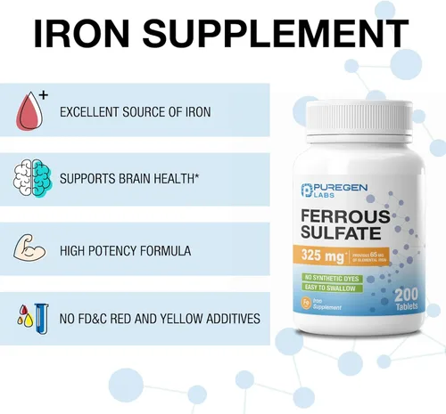 Vista 4 de Puregen Labs - Suplemento de hierro de alta potencia con sulfato ferroso de 325 mg (65 mg de hierro elemental), sin aditivos de color artificial