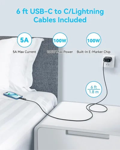 Vista 3 de GaN - Bloque de cargador USB C de 65 W, cargador de pared compacto de 3 puertos tipo C con cable USB-C/L 2 en 1 de 6 pies, 100 W, carga rápida