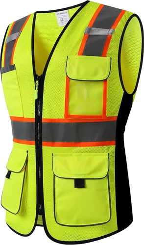 Vista 7 de Chaleco de seguridad para mujeres, chaleco de trabajo reflectante de alta visibilidad con 9 bolsillos múltiples y cremallera Negro