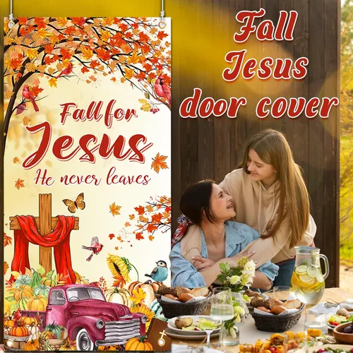 Vista 3 de YE - Cubierta de puerta con texto en inglés "Fall for Jesus He Never Leed", decoración de puerta de religión cristiana de calabaza para otoño
