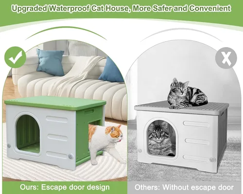 Vista 2 de Casa de plástico para gatos al aire libre e interior, casas impermeables para gatos con puerta de escape, casa resistente para gatos al aire libre