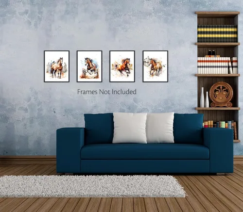 Vista 5 de LNLAGBO Arte de pared de caballo, impresión de caballo en acuarela, carteles de caballos salvajes, arte de lienzo de animales coloridos, imagen