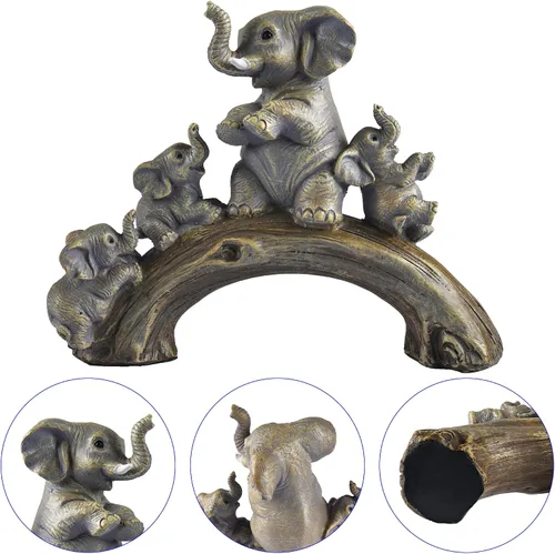 Vista 3 de Estatuas de elefante amarillo de buena suerte elefante jugando en el puente de troncos Elephant Family Figurine with 3 Calves on Log Bridge