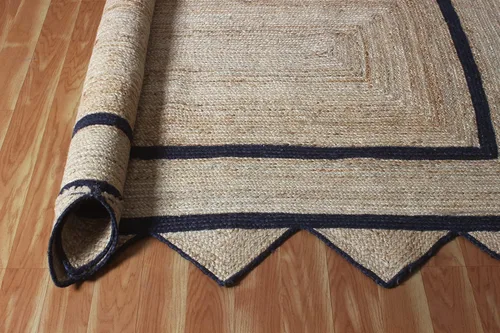 Vista 9 de Alfombra de borde festoneado, alfombra tejida a mano de yute natural, 2 x 3 pies, color beige y negro, alfombra de sisal trenzada Kilim para sala