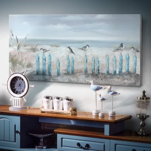 Vista 15 de AMATOP Arte de pared turquesa 100% pintado a mano, pintura al óleo de paisaje forestal en lienzo, obra de arte enmarcada original, pájaro dorado