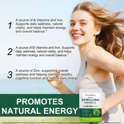 Vista 4 de NIFEISHI Cápsulas orgánicas de espirulina clorella, 3100 mg por porción, mezcla de supergeens 17 en 1, ricas en clorofila, veganas y altas
