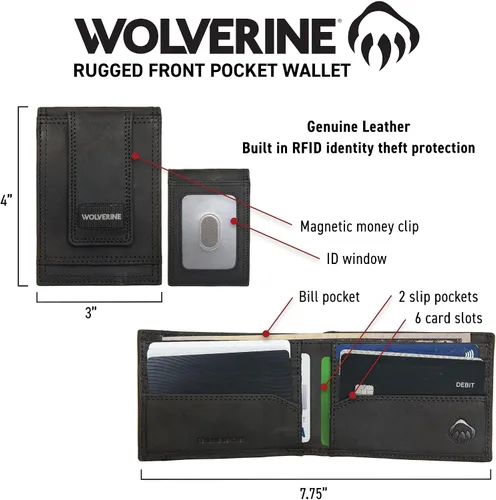 Vista 5 de WOLVERINE Cartera de bolsillo frontal resistente con bloqueo RFID para hombre (disponible en lona de algodón o cuero)