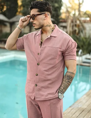 Vista 2 de CHOMOLEZA Conjunto de camisa de manga corta con botones para hombre, pantalones de playa