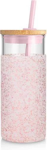Vista 43 de Tronco Vaso de vidrio de 20 onzas con tapa y popote, taza de café helado y vaso para batido con tapas de bambú y funda protectora de silicona, apto