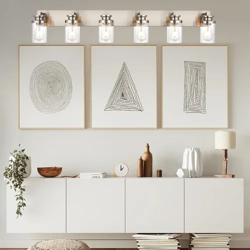 Vista 5 de BONLICHT Lámpara moderna de montaje en pared de níquel cepillado, lámpara de tocador de baño, aplique de pared de granja, 6 luces, accesorios