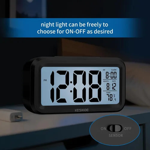 Vista 5 de Reloj despertador digital a pilas con temperatura interior, reloj pequeño de escritorio, modelo de repetición, pantalla de 12/24 horas para Negro