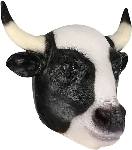 Vista 2 de Máscara de cabeza de vaca lechera, disfraz de toro para Halloween, fiesta de máscaras, látex