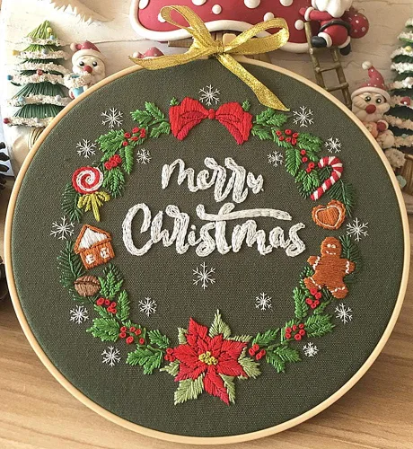 Vista 4 de Kit de bordado de Feliz Navidad, adornos de muñeco de nieve, corona, Awesocrafts gama completa de kits de bordado para principiantes y adultos