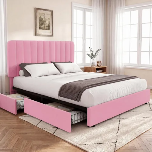 Vista 41 de VECELO Base de cama tapizada de tamaño matrimonial con 4 cajones y cabecero, plataforma de terciopelo, soporte de listones de madera, no necesita
