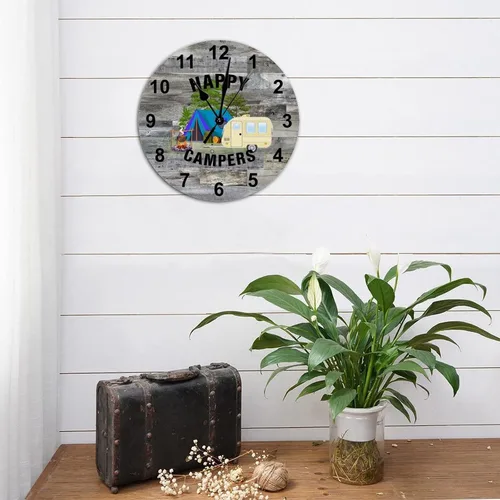 Vista 4 de Reloj redondo de madera de estilo rústico de 12 x 12 pulgadas, con números arábigos, silencioso, sin tictac, funciona con pilas, tema de campamento