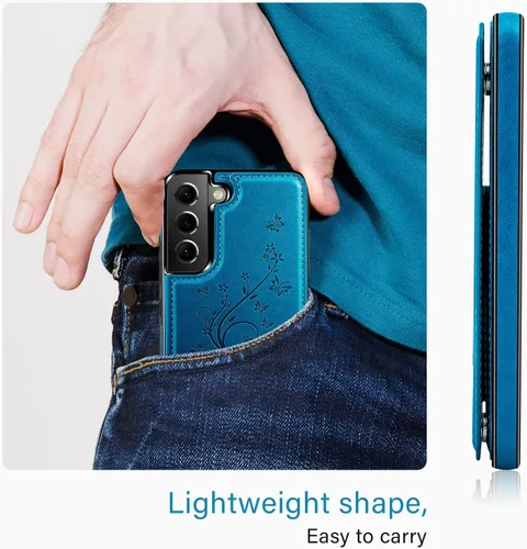 Vista 6 de Korecase - Funda tipo cartera para Samsung Galaxy S23 con tarjetero y tarjetero de piel sintética, diseño de mariposas y flores, color azul
