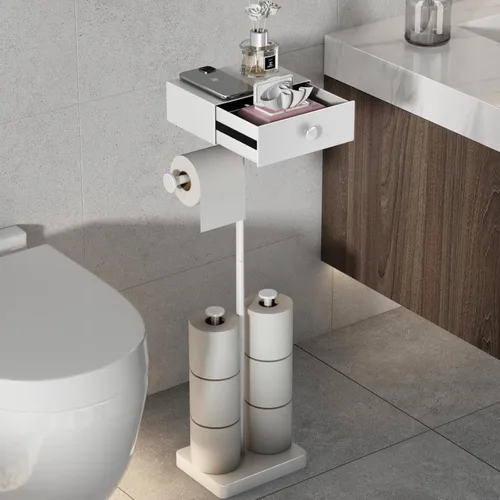 Vista 11 de VOLDRA Soporte de papel higiénico con estante negro dispensador de toallitas para baño Soporte de papel higiénico con cajón de diseño